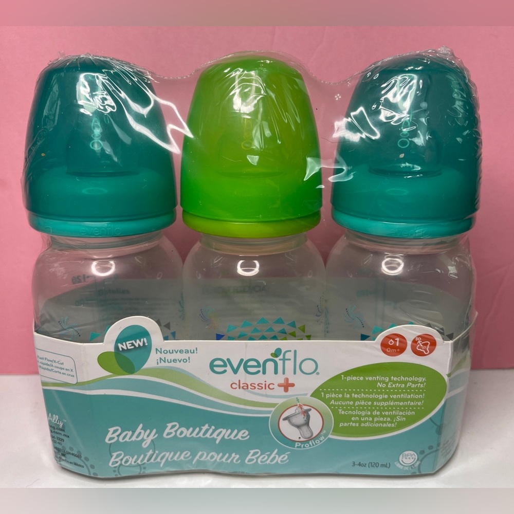 Set of 3 Evenflo Vented + Plus Baby Bottles 3-4 oz Even Flow Feeding
